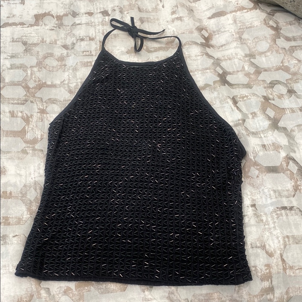 Kenar Black and White Sequin Low Back Halter Top